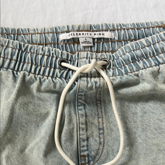 Celebrity Pink Denim Tie Front Ruched Mini Skirt - Picture 3 of 6